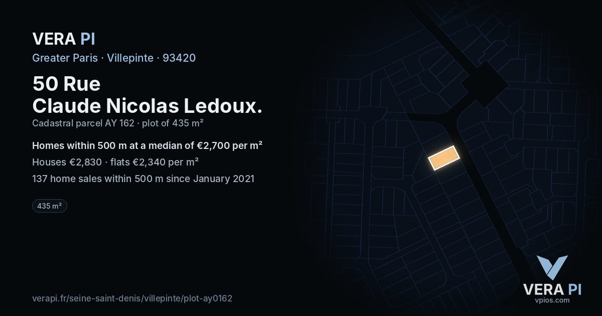 50 Rue Claude Nicolas Ledoux, Villepinte at night – the plot lit, the parcels around coloured by the prices near them