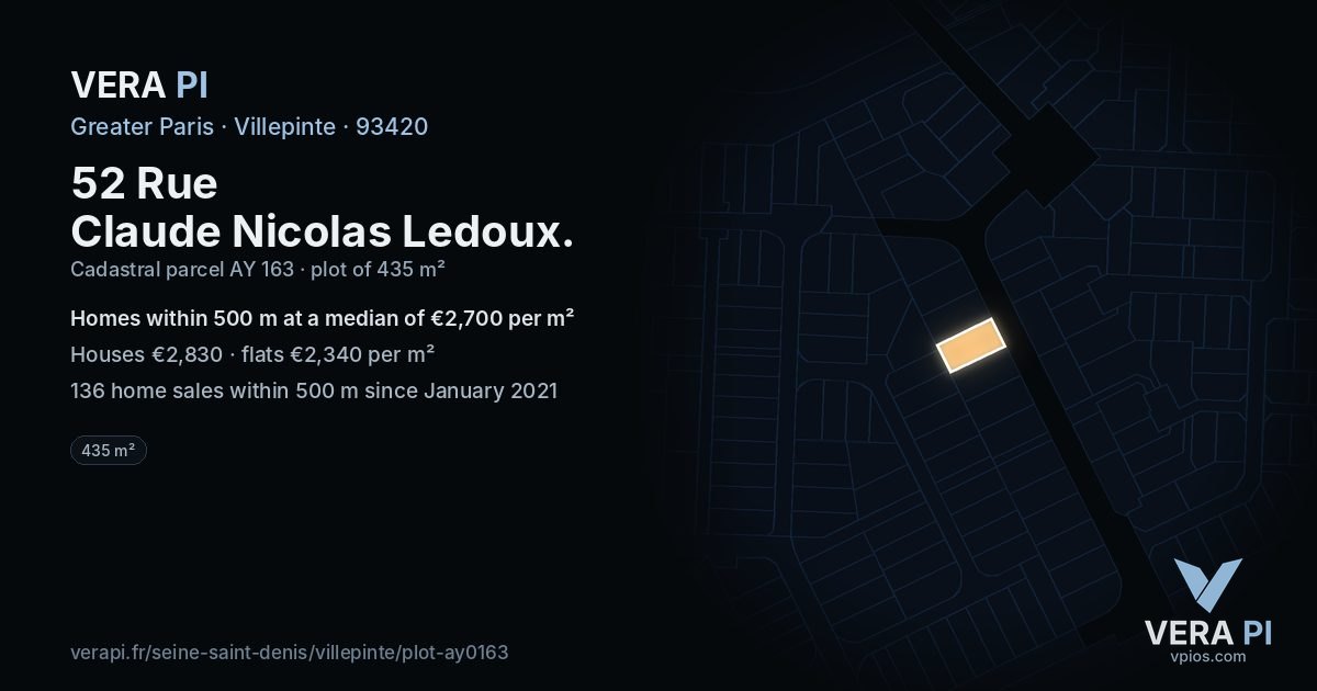 52 Rue Claude Nicolas Ledoux, Villepinte at night – the plot lit, the parcels around coloured by the prices near them
