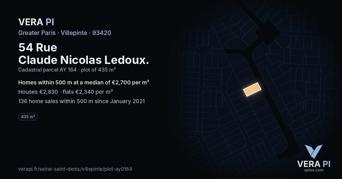 54 Rue Claude Nicolas Ledoux, Villepinte at night – the plot lit, the parcels around coloured by the prices near them