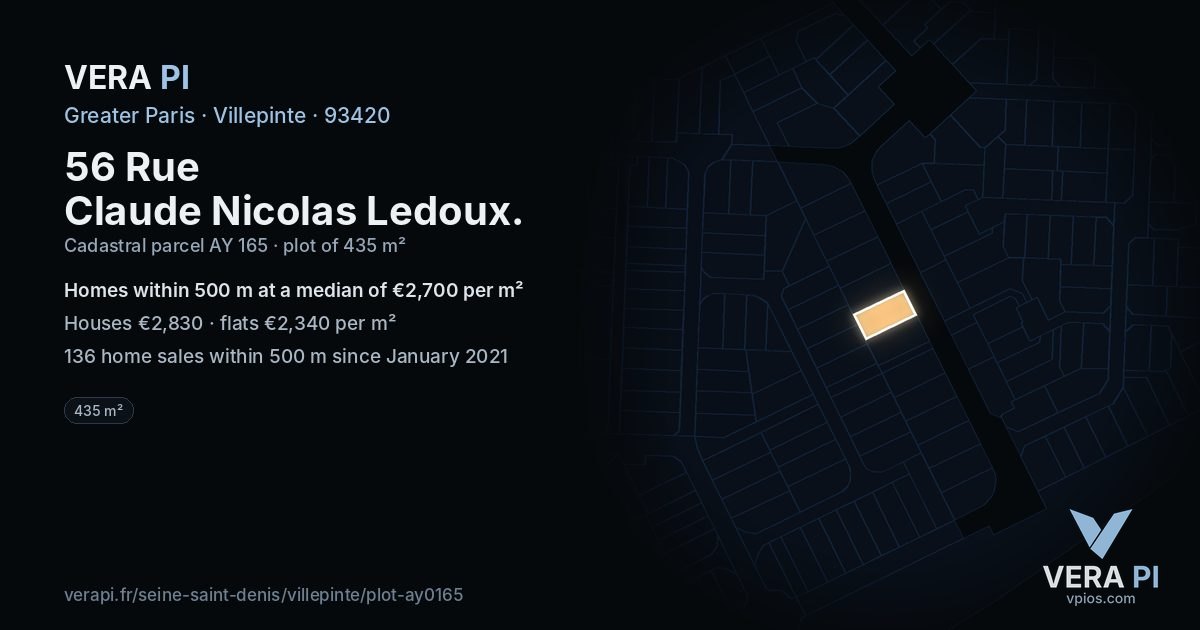 56 Rue Claude Nicolas Ledoux, Villepinte at night – the plot lit, the parcels around coloured by the prices near them