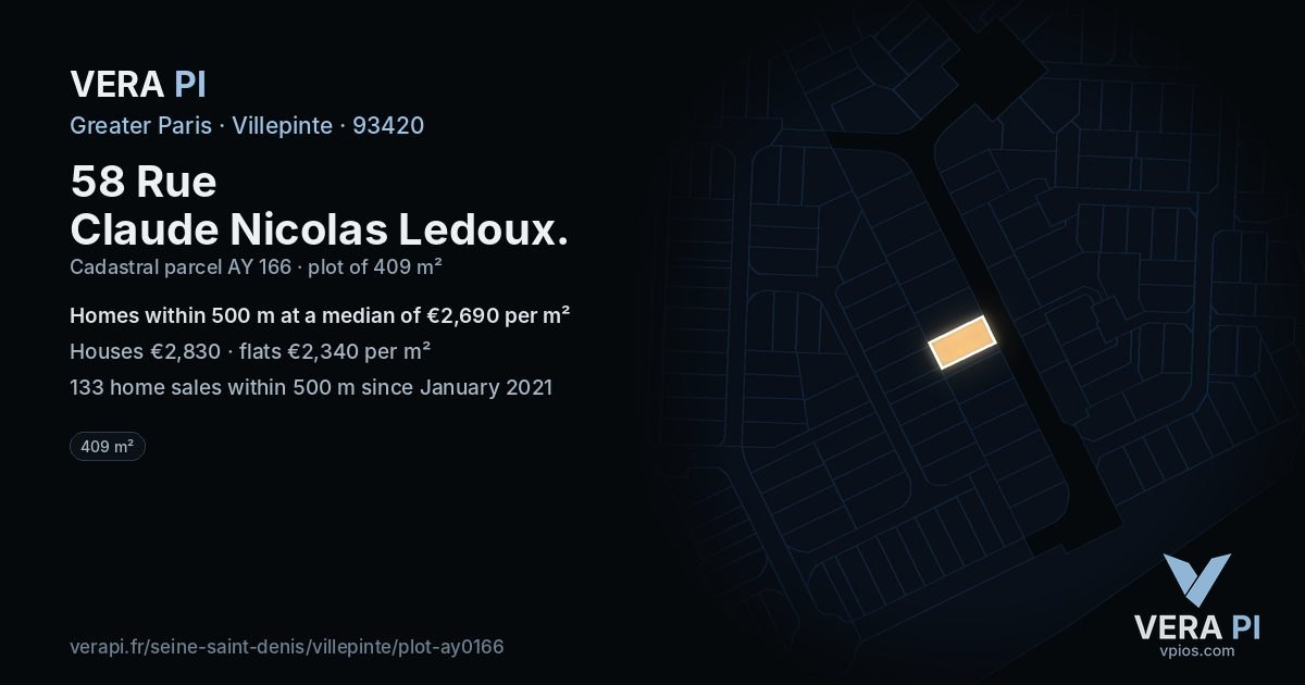 58 Rue Claude Nicolas Ledoux, Villepinte at night – the plot lit, the parcels around coloured by the prices near them