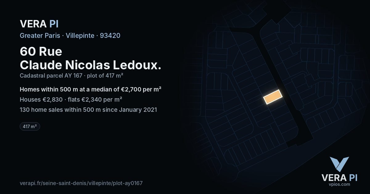 60 Rue Claude Nicolas Ledoux, Villepinte at night – the plot lit, the parcels around coloured by the prices near them