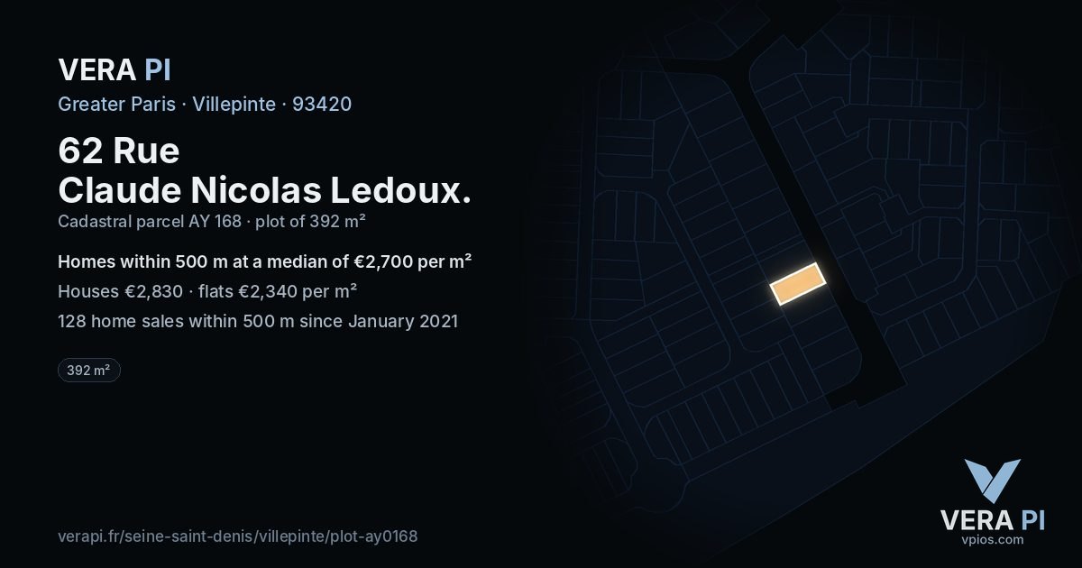 62 Rue Claude Nicolas Ledoux, Villepinte at night – the plot lit, the parcels around coloured by the prices near them