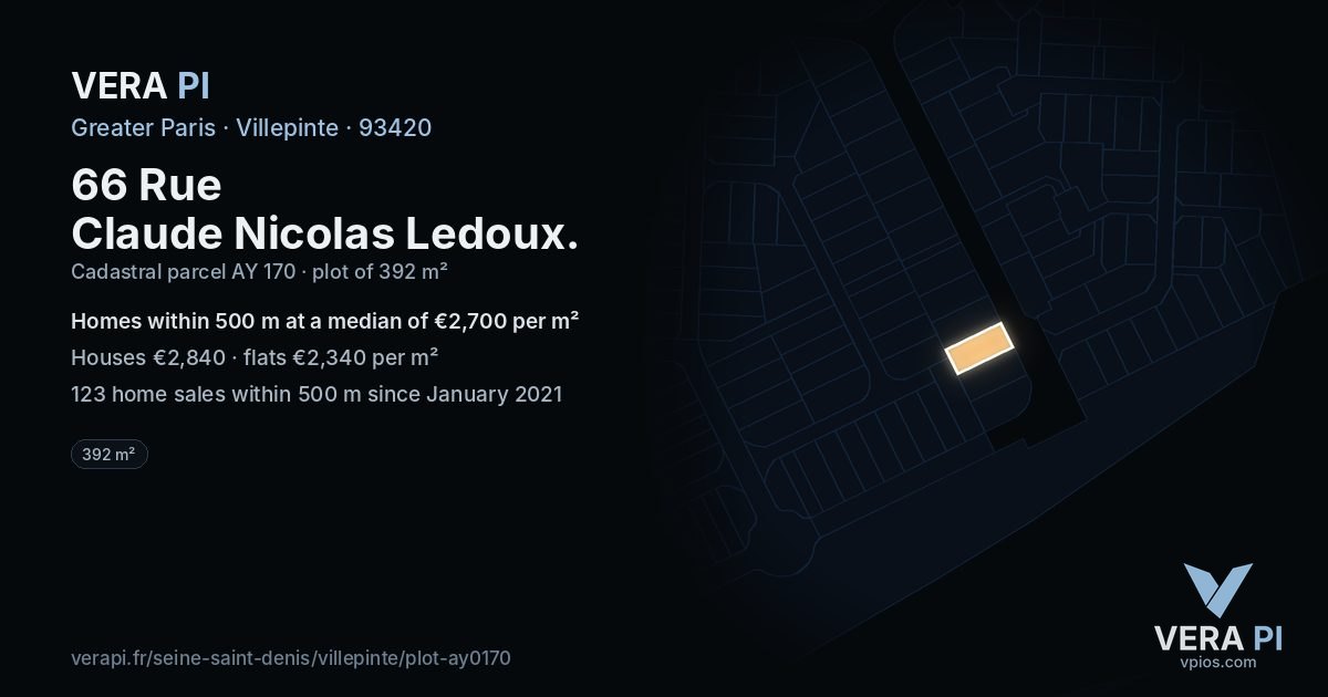 66 Rue Claude Nicolas Ledoux, Villepinte at night – the plot lit, the parcels around coloured by the prices near them