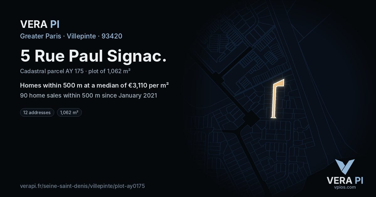 5 Rue Paul Signac, Villepinte at night – the plot lit, the parcels around coloured by the prices near them