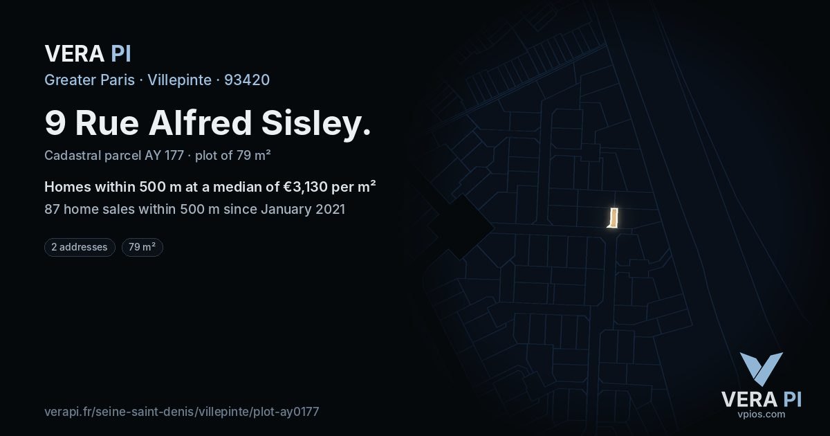 9 Rue Alfred Sisley, Villepinte at night – the plot lit, the parcels around coloured by the prices near them