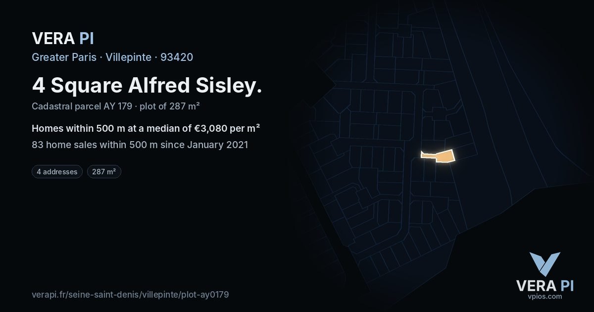 4 Square Alfred Sisley, Villepinte at night – the plot lit, the parcels around coloured by the prices near them