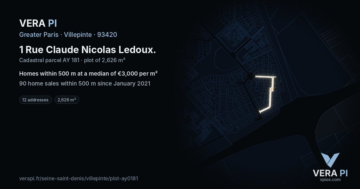1 Rue Claude Nicolas Ledoux, Villepinte at night – the plot lit, the parcels around coloured by the prices near them