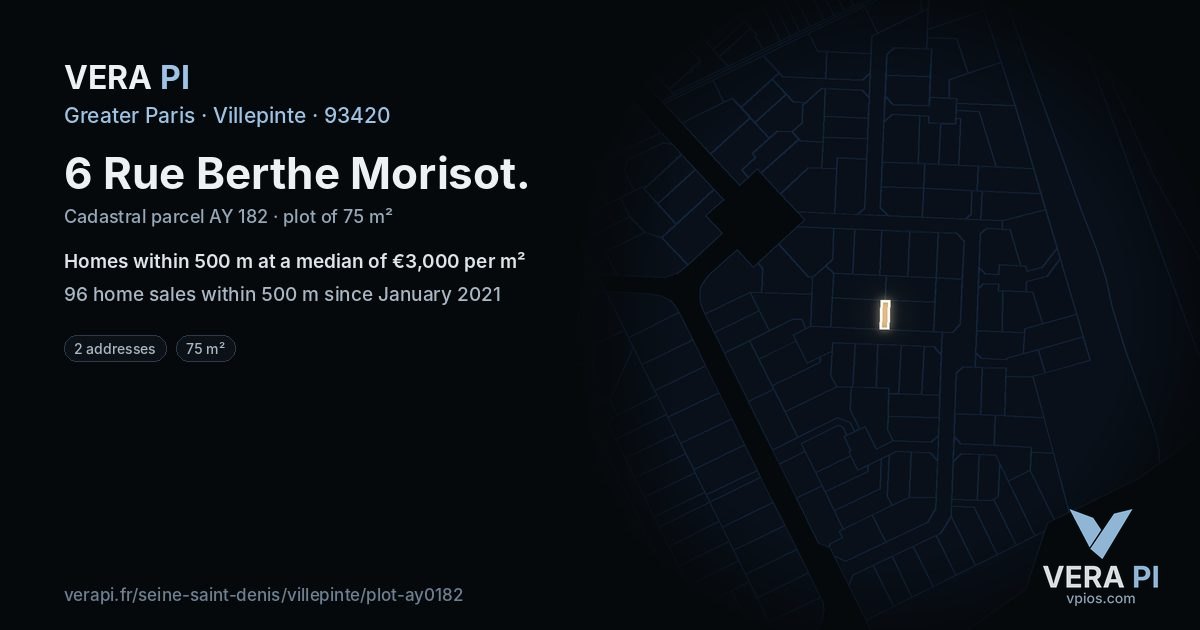 6 Rue Berthe Morisot, Villepinte at night – the plot lit, the parcels around coloured by the prices near them