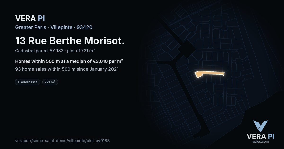 13 Rue Berthe Morisot, Villepinte at night – the plot lit, the parcels around coloured by the prices near them