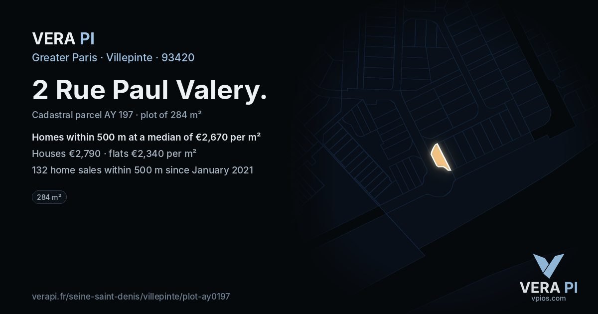 2 Rue Paul Valery, Villepinte at night – the plot lit, the parcels around coloured by the prices near them