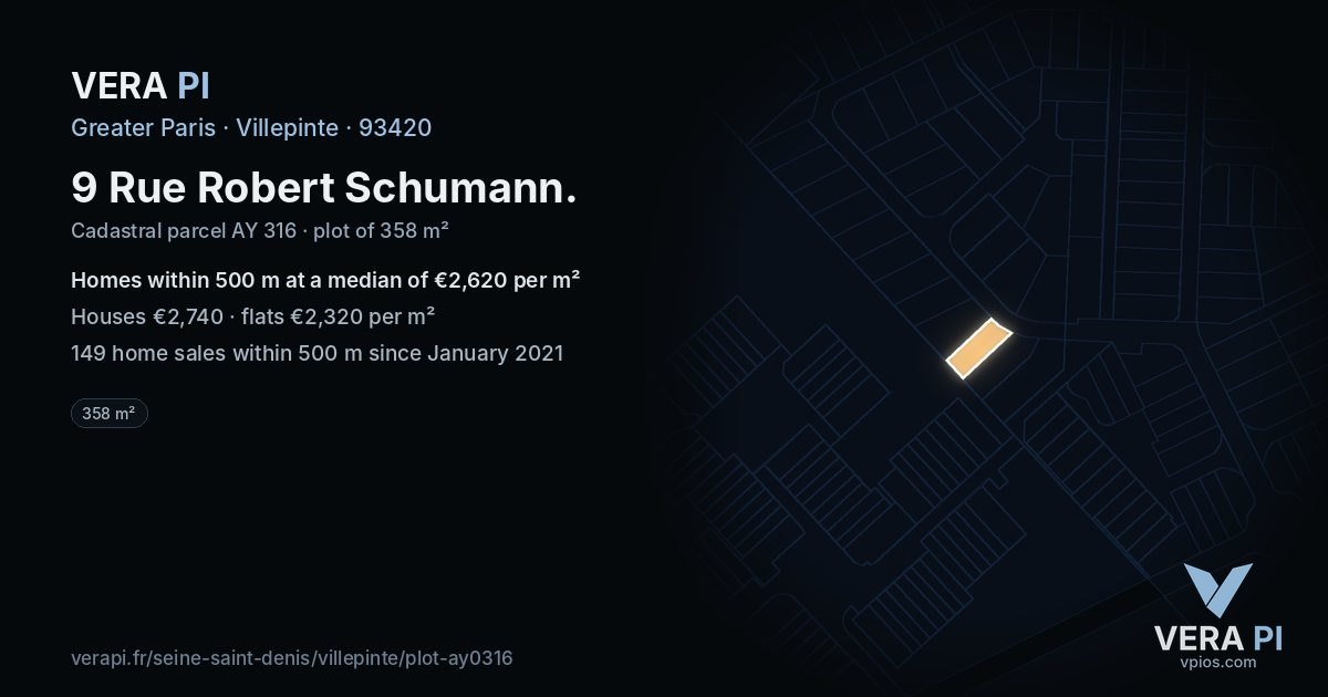 9 Rue Robert Schumann, Villepinte at night – the plot lit, the parcels around coloured by the prices near them