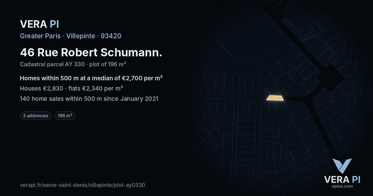 46 Rue Robert Schumann, Villepinte at night – the plot lit, the parcels around coloured by the prices near them