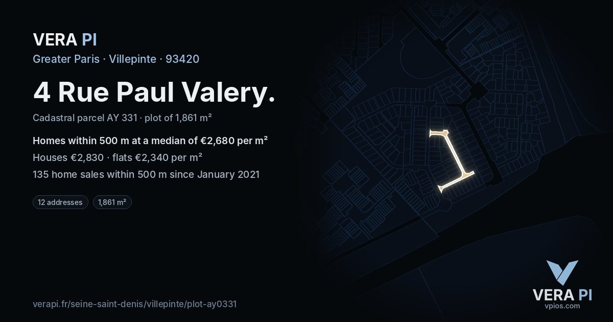 4 Rue Paul Valery, Villepinte at night – the plot lit, the parcels around coloured by the prices near them