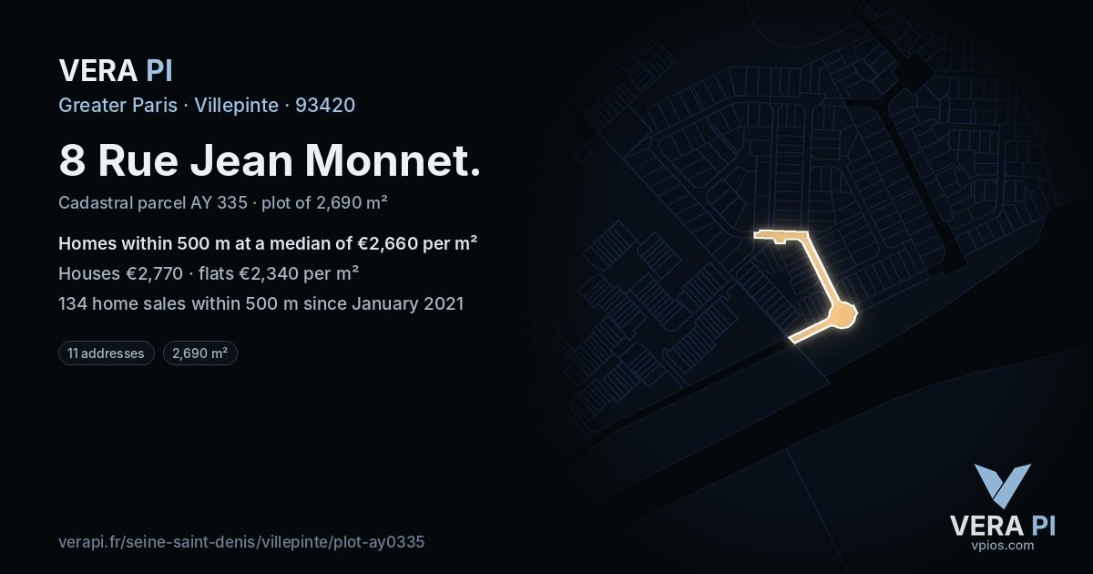 8 Rue Jean Monnet, Villepinte at night – the plot lit, the parcels around coloured by the prices near them