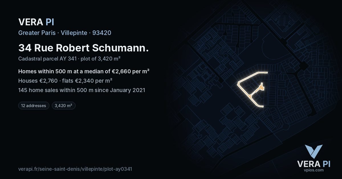 34 Rue Robert Schumann, Villepinte at night – the plot lit, the parcels around coloured by the prices near them