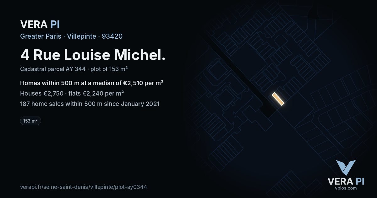 4 Rue Louise Michel, Villepinte at night – the plot lit, the parcels around coloured by the prices near them
