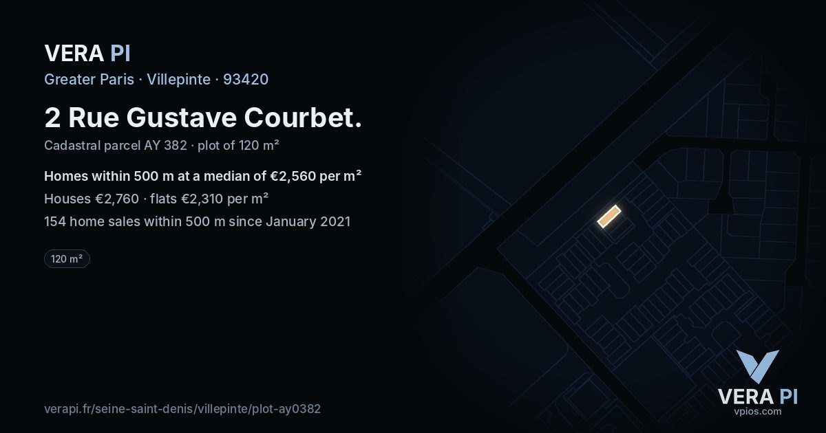 2 Rue Gustave Courbet, Villepinte at night – the plot lit, the parcels around coloured by the prices near them