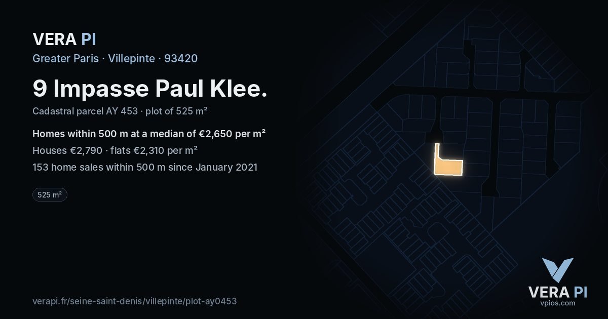 9 Impasse Paul Klee, Villepinte at night – the plot lit, the parcels around coloured by the prices near them
