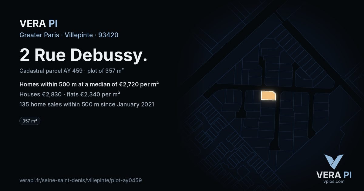2 Rue Debussy, Villepinte at night – the plot lit, the parcels around coloured by the prices near them