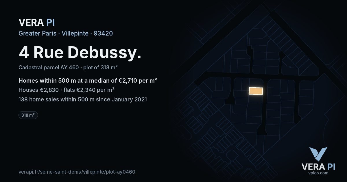 4 Rue Debussy, Villepinte at night – the plot lit, the parcels around coloured by the prices near them