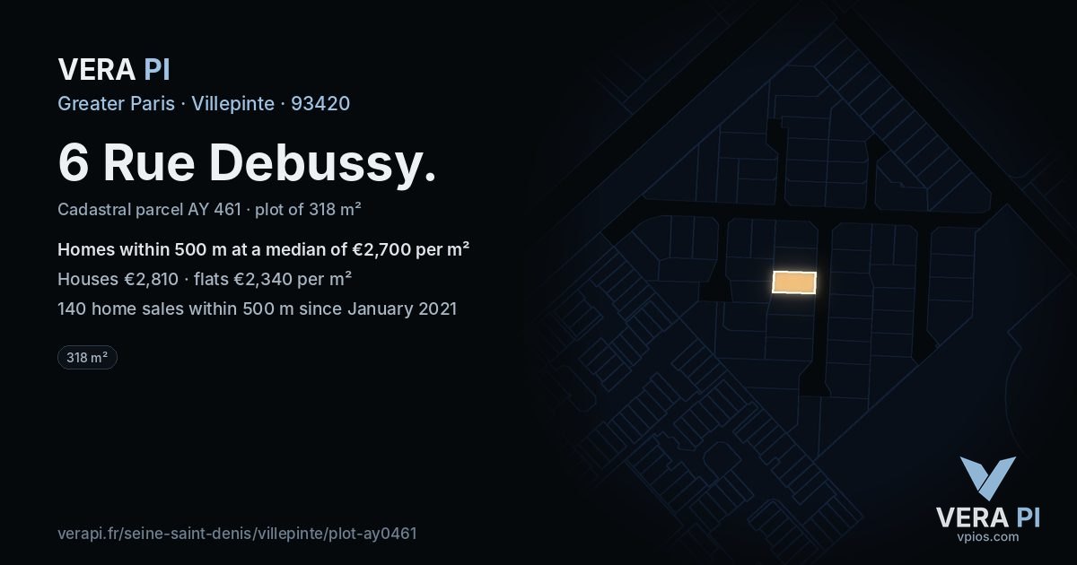 6 Rue Debussy, Villepinte at night – the plot lit, the parcels around coloured by the prices near them
