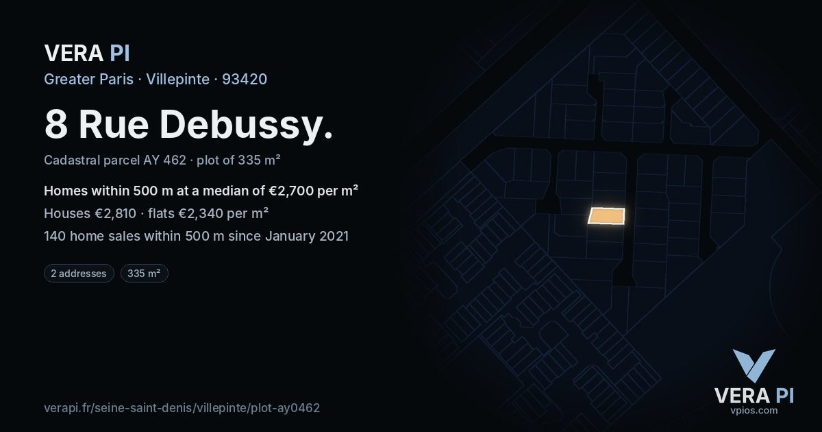 8 Rue Debussy, Villepinte at night – the plot lit, the parcels around coloured by the prices near them
