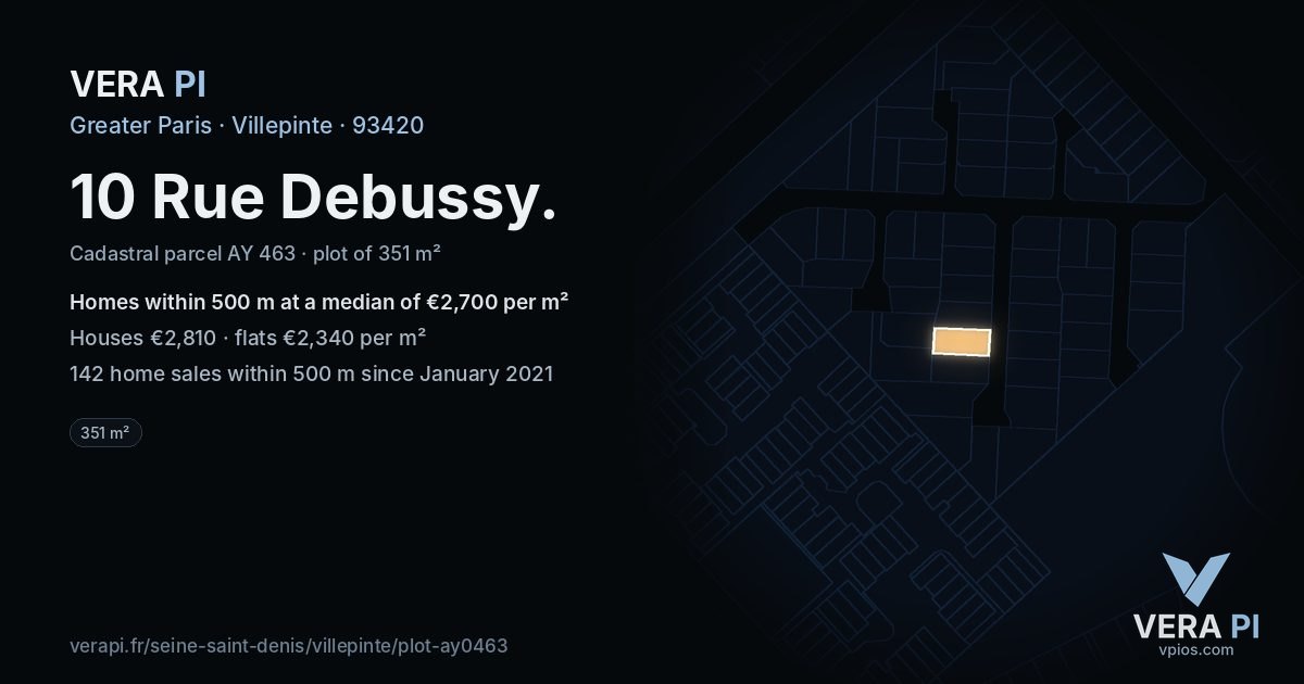 10 Rue Debussy, Villepinte at night – the plot lit, the parcels around coloured by the prices near them