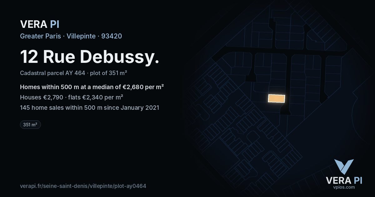 12 Rue Debussy, Villepinte at night – the plot lit, the parcels around coloured by the prices near them