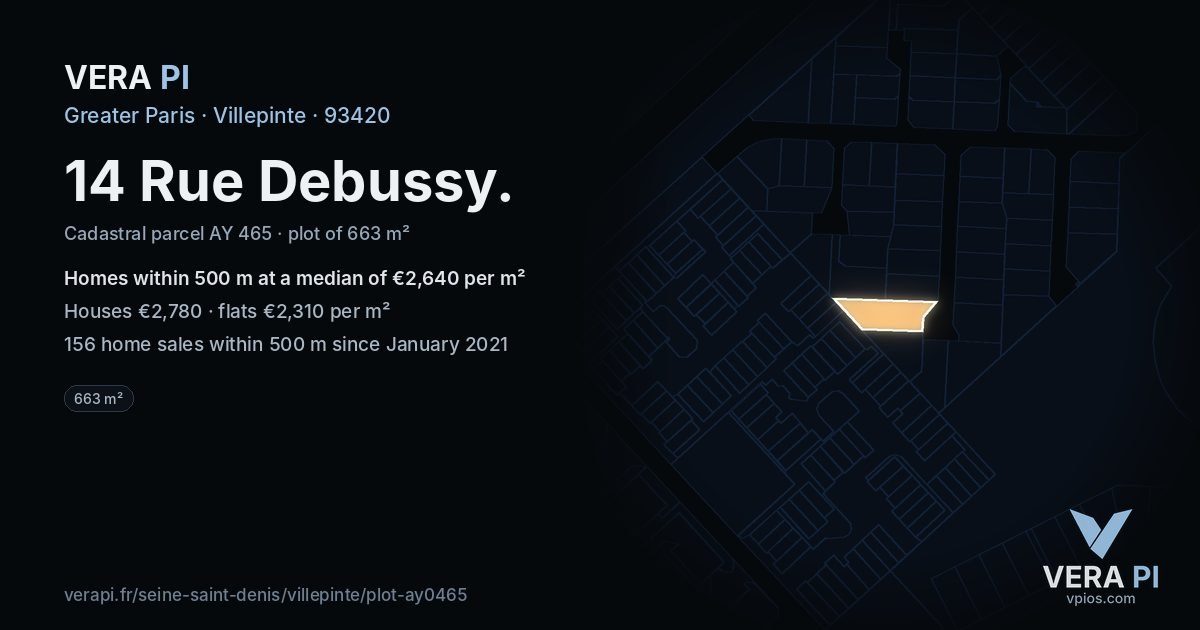 14 Rue Debussy, Villepinte at night – the plot lit, the parcels around coloured by the prices near them