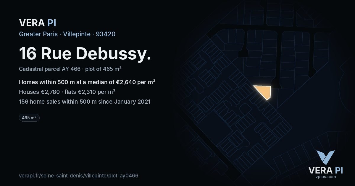 16 Rue Debussy, Villepinte at night – the plot lit, the parcels around coloured by the prices near them