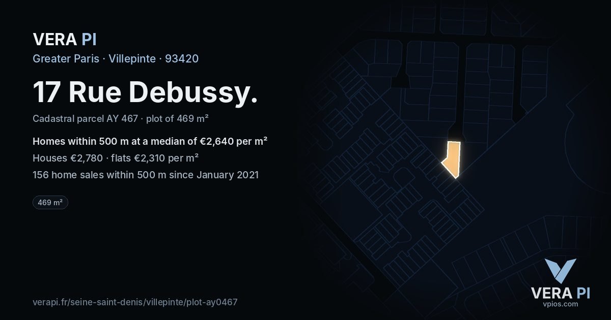17 Rue Debussy, Villepinte at night – the plot lit, the parcels around coloured by the prices near them