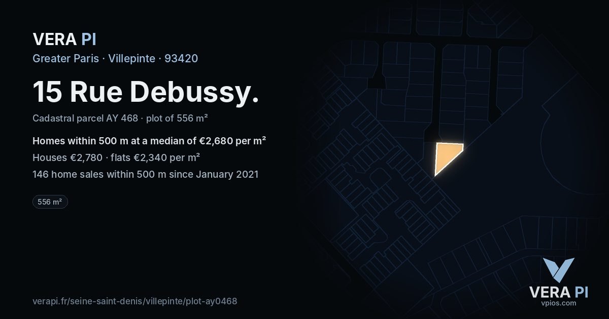 15 Rue Debussy, Villepinte at night – the plot lit, the parcels around coloured by the prices near them