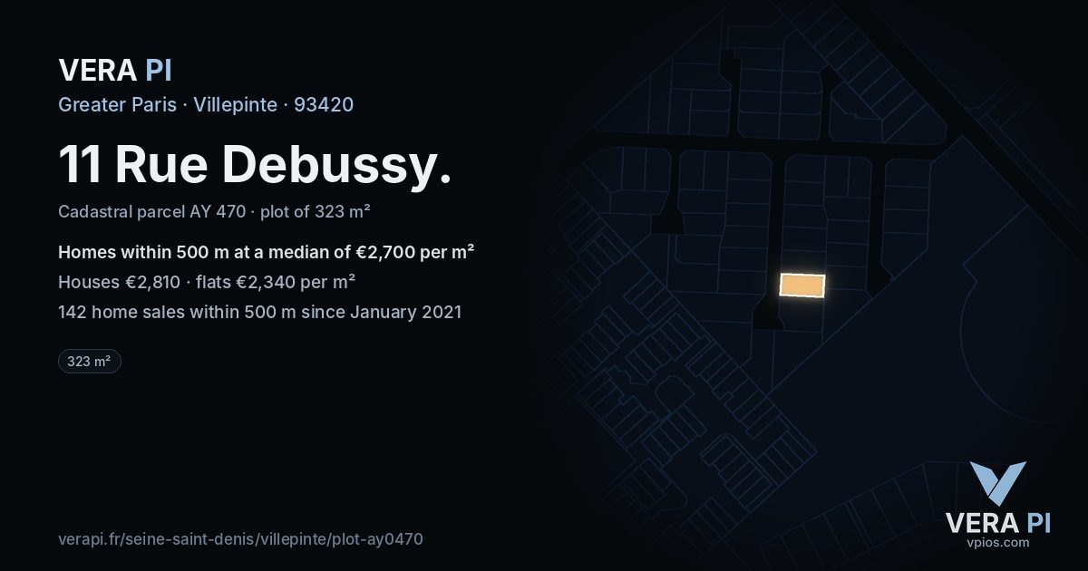 11 Rue Debussy, Villepinte at night – the plot lit, the parcels around coloured by the prices near them