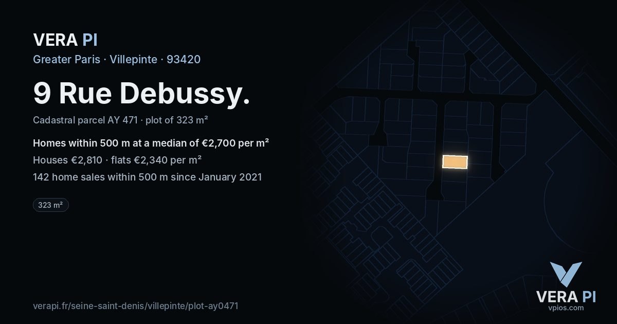 9 Rue Debussy, Villepinte at night – the plot lit, the parcels around coloured by the prices near them