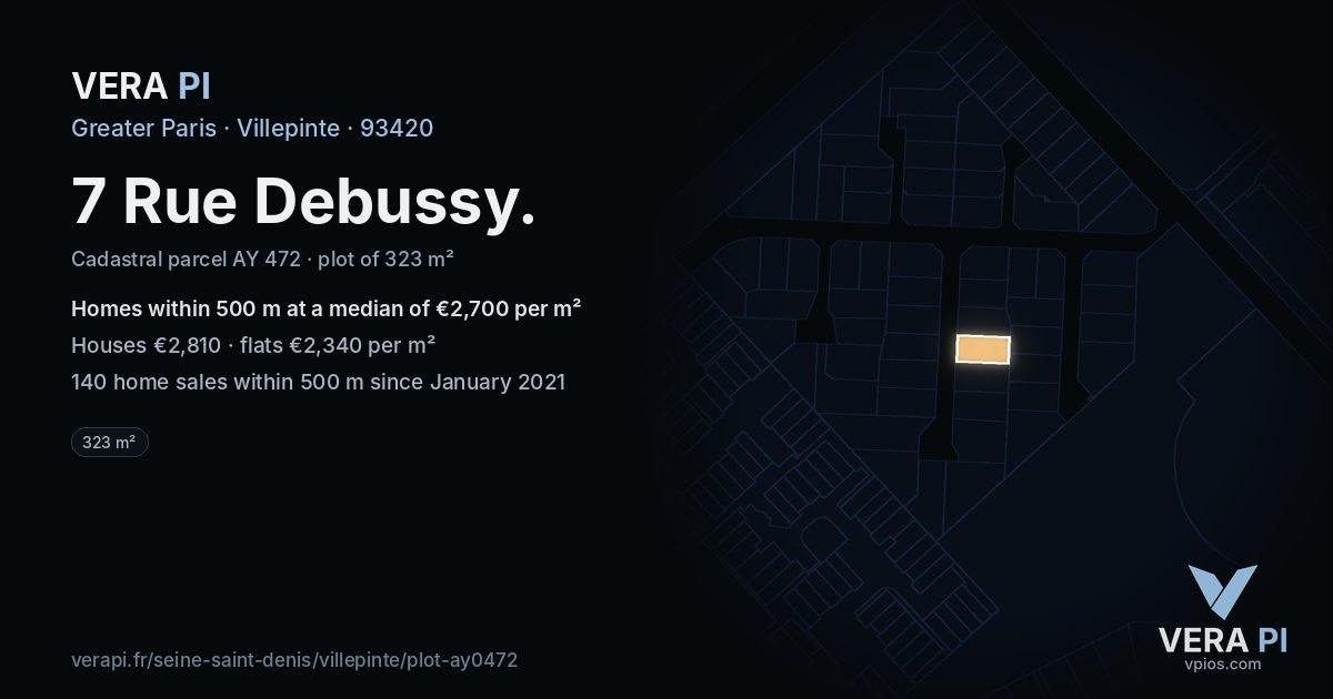 7 Rue Debussy, Villepinte at night – the plot lit, the parcels around coloured by the prices near them
