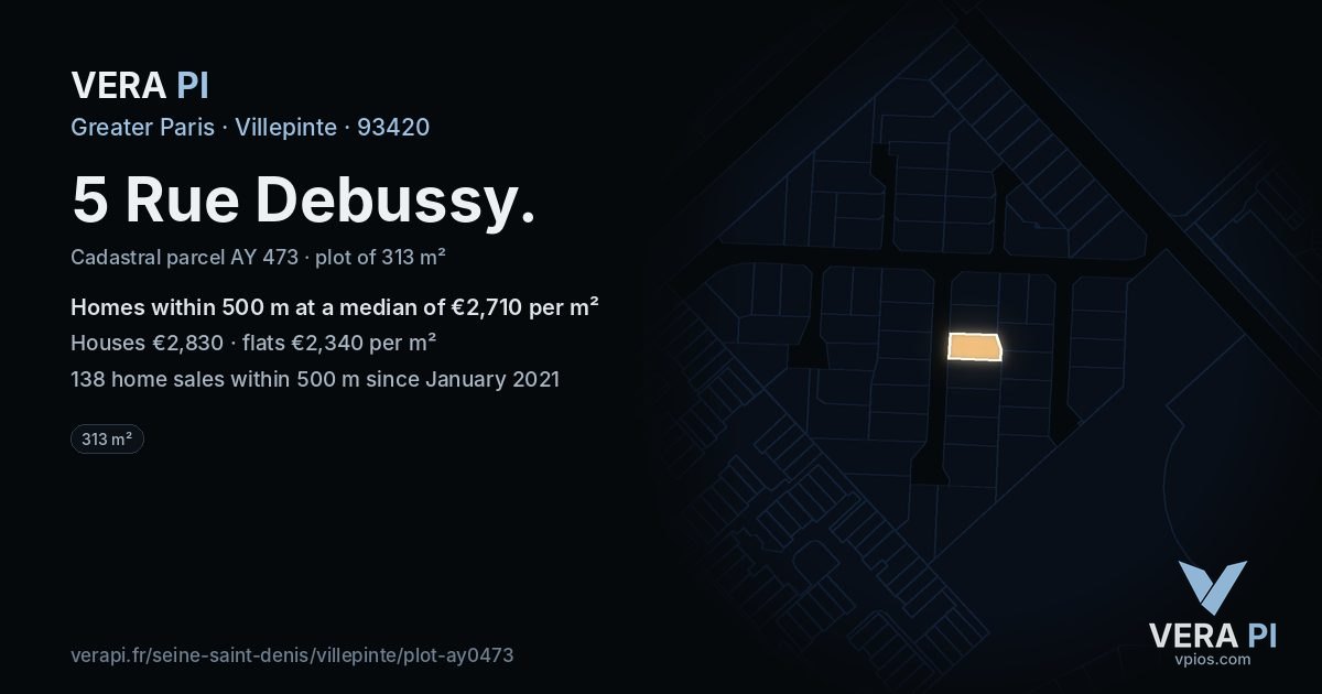 5 Rue Debussy, Villepinte at night – the plot lit, the parcels around coloured by the prices near them