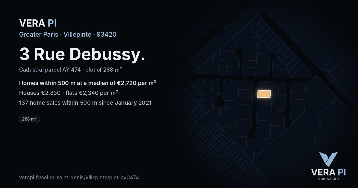 3 Rue Debussy, Villepinte at night – the plot lit, the parcels around coloured by the prices near them