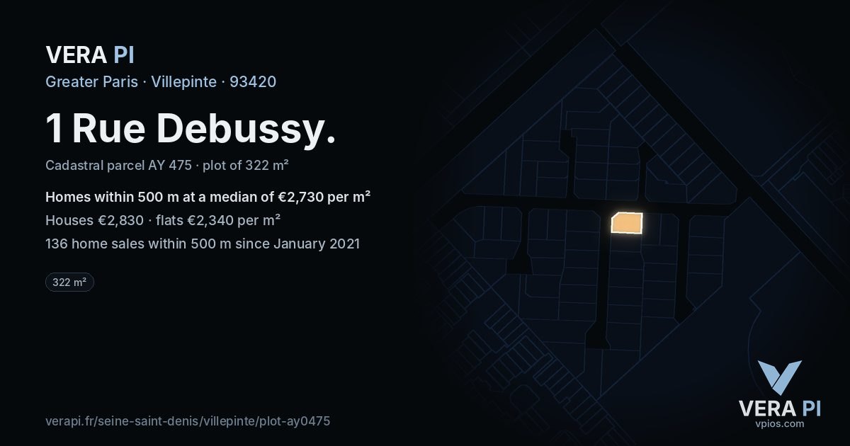 1 Rue Debussy, Villepinte at night – the plot lit, the parcels around coloured by the prices near them