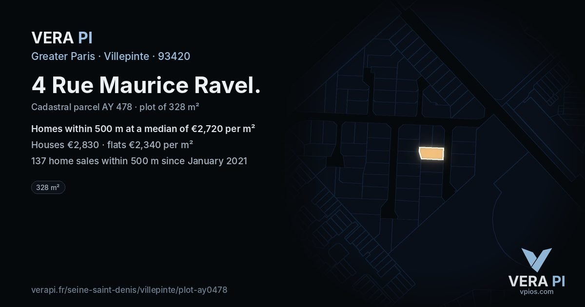 4 Rue Maurice Ravel, Villepinte at night – the plot lit, the parcels around coloured by the prices near them