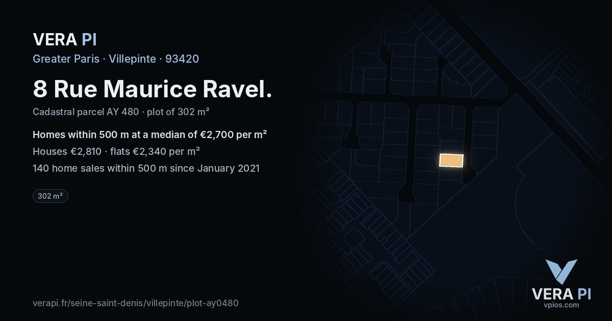 8 Rue Maurice Ravel, Villepinte at night – the plot lit, the parcels around coloured by the prices near them