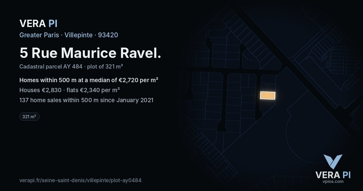 5 Rue Maurice Ravel, Villepinte at night – the plot lit, the parcels around coloured by the prices near them