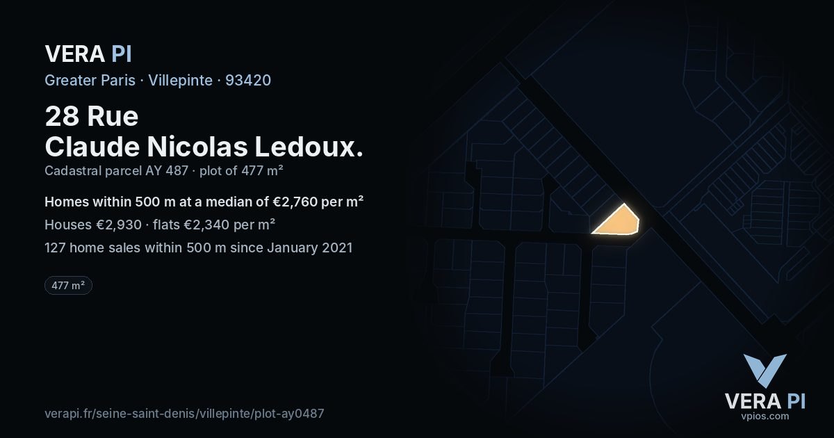 28 Rue Claude Nicolas Ledoux, Villepinte at night – the plot lit, the parcels around coloured by the prices near them