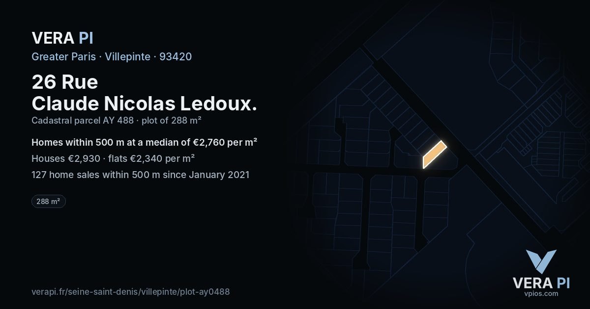 26 Rue Claude Nicolas Ledoux, Villepinte at night – the plot lit, the parcels around coloured by the prices near them