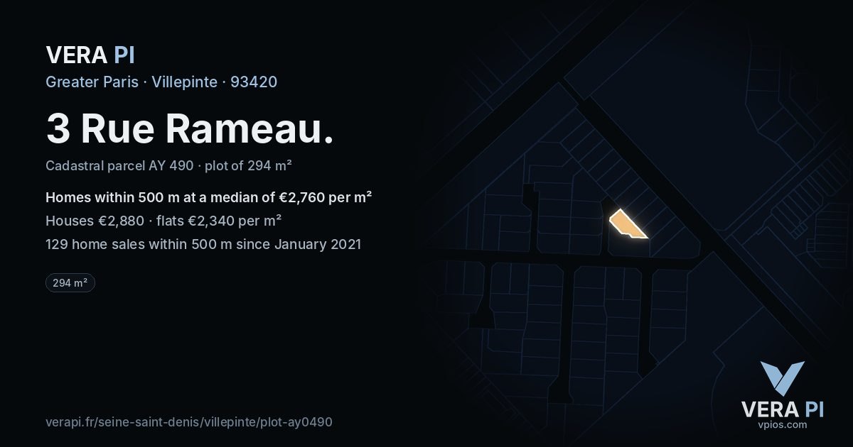 3 Rue Rameau, Villepinte at night – the plot lit, the parcels around coloured by the prices near them
