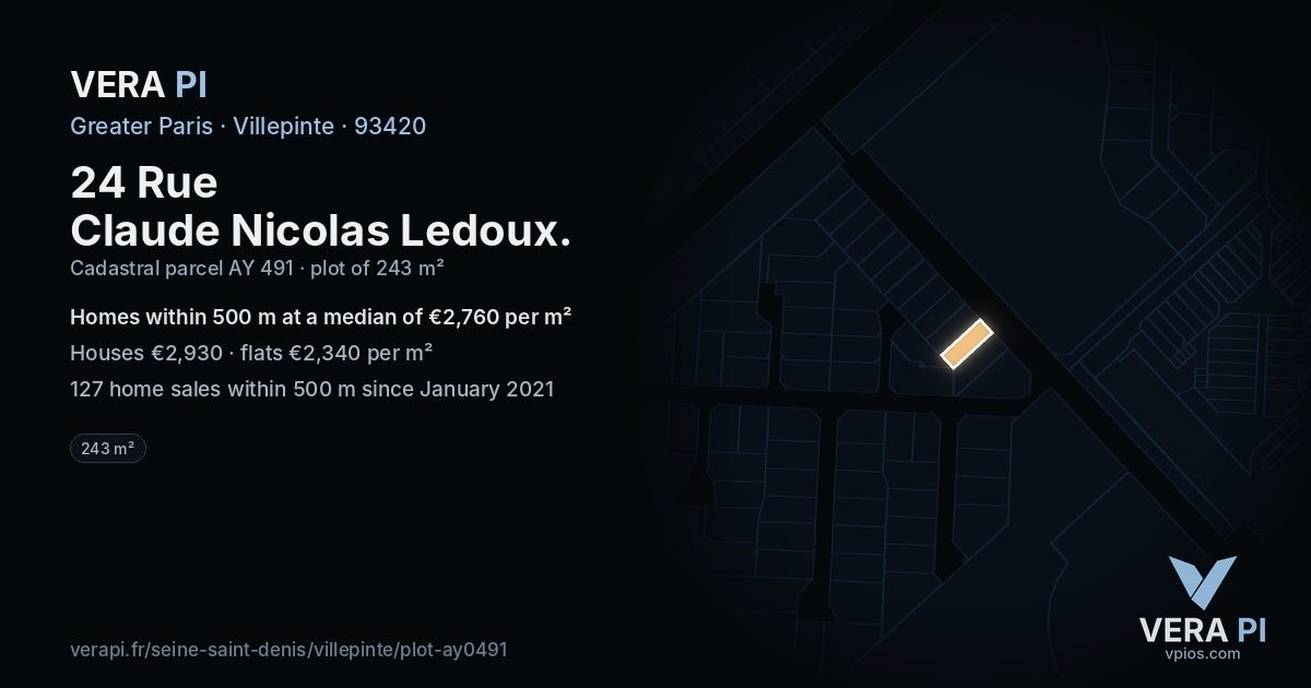 24 Rue Claude Nicolas Ledoux, Villepinte at night – the plot lit, the parcels around coloured by the prices near them