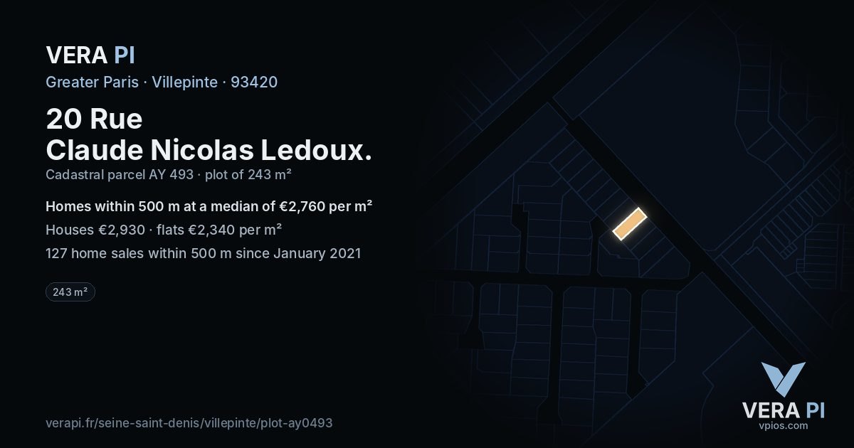 20 Rue Claude Nicolas Ledoux, Villepinte at night – the plot lit, the parcels around coloured by the prices near them