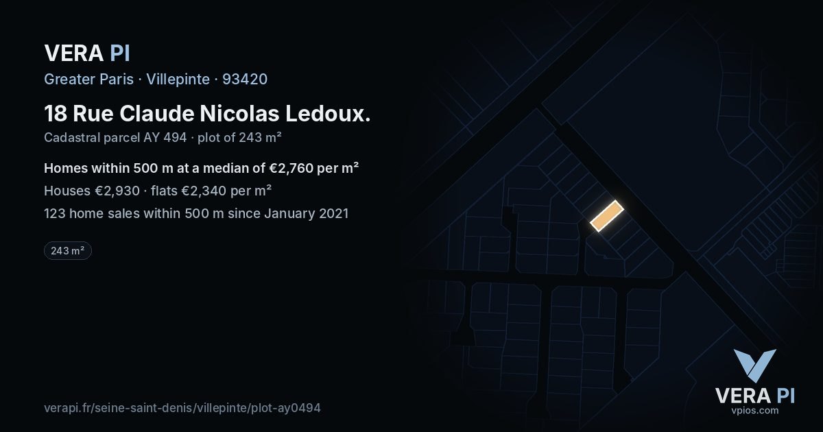 18 Rue Claude Nicolas Ledoux, Villepinte at night – the plot lit, the parcels around coloured by the prices near them
