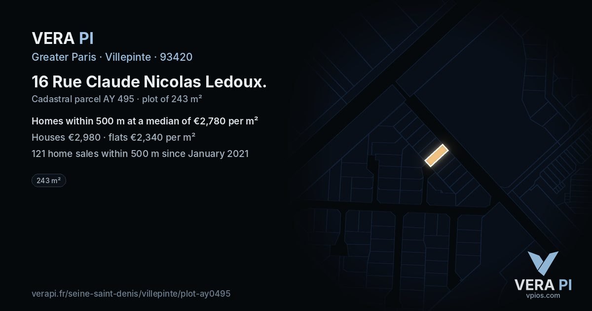 16 Rue Claude Nicolas Ledoux, Villepinte at night – the plot lit, the parcels around coloured by the prices near them