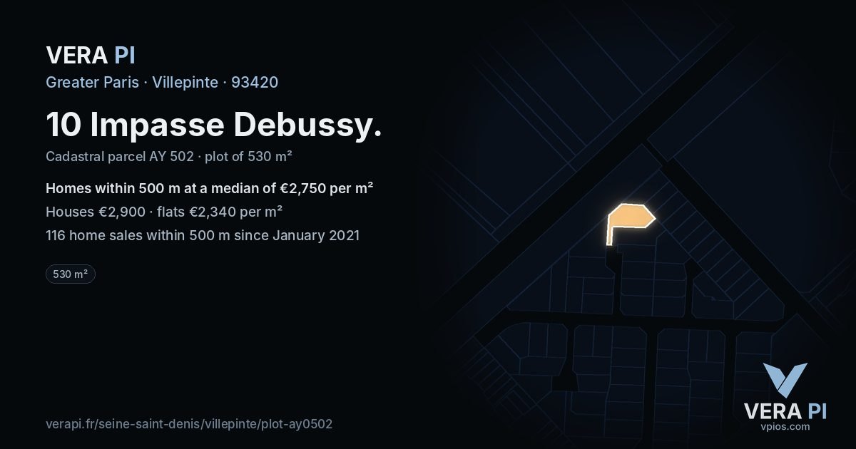 10 Impasse Debussy, Villepinte at night – the plot lit, the parcels around coloured by the prices near them